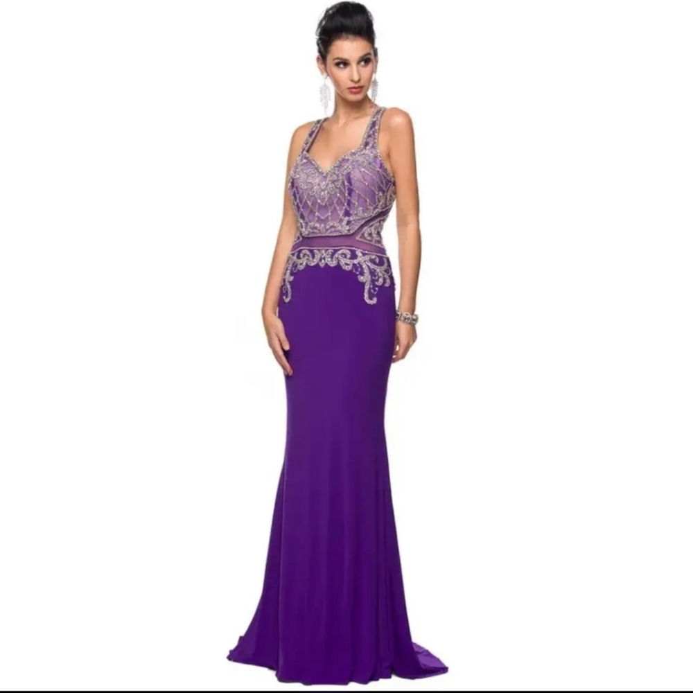 NWT PURPLE Jewel Embellished Evening Prom Gown Dress Extra Small XS